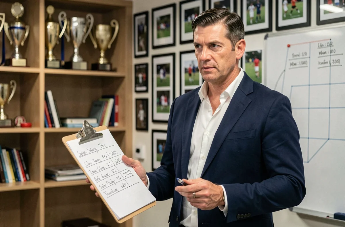Dirigeant de club de football tenant un dossier de négociation salariale devant un tableau tactique dans les bureaux du club
