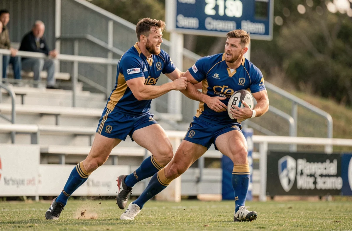 Duel de rugby entre deux joueurs lors d'un match fédéral du week-end, plaquage en cours