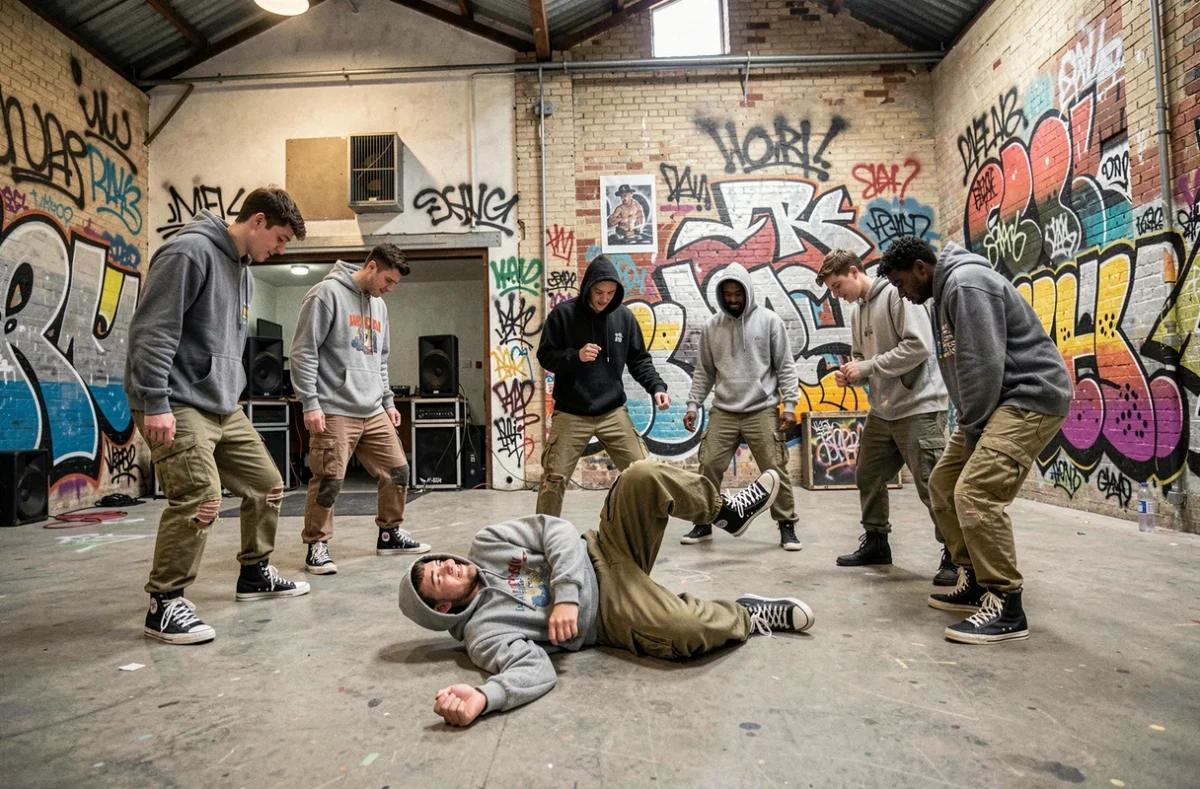 Groupe de danseurs en battle hip-hop à l'École des Arts Hip Hop de Lille