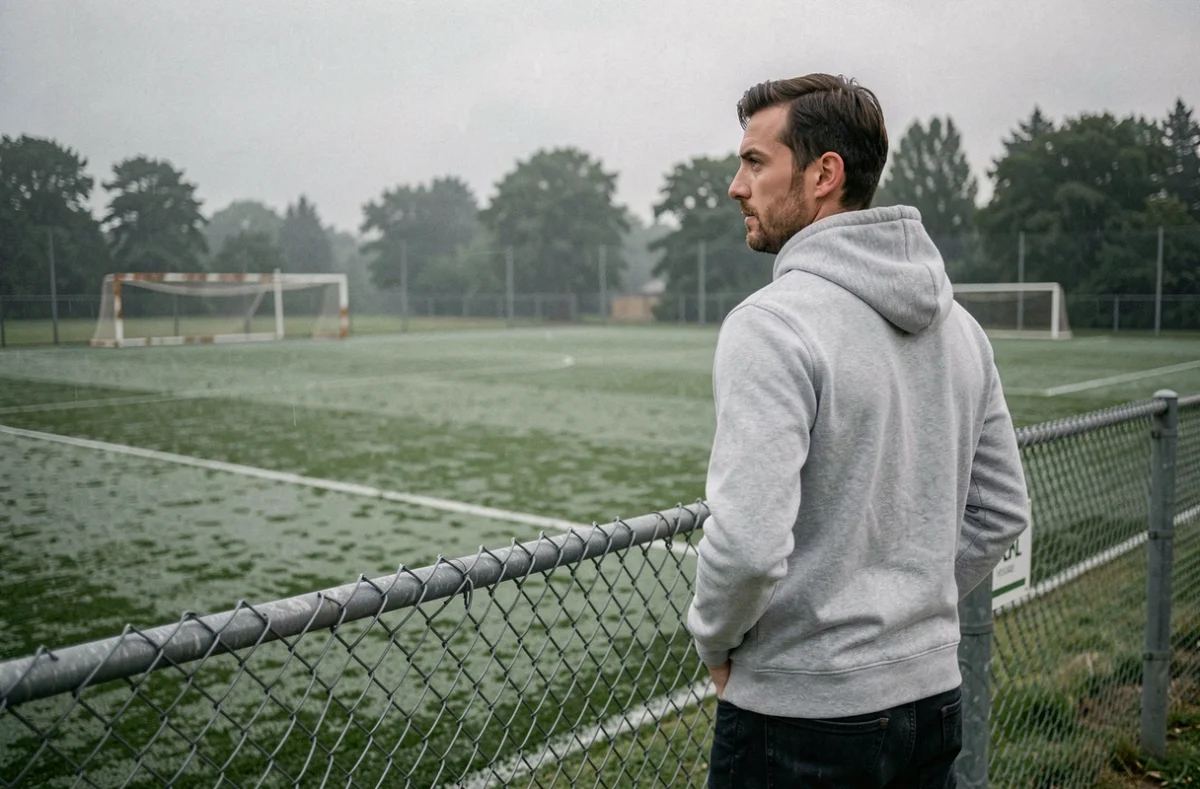 Ancien footballeur professionnel regardant un terrain d'entraînement vide, symbole du statut de joueur libre sans club en 2026