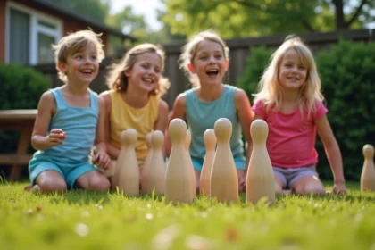 Groupe d'enfants jouant au Mölkky dans un jardin en été