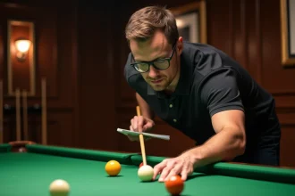 Joueur de billard analysant les positions des billes avec un carnet de notes lors d'un entraînement moderne en club