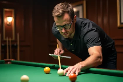 Joueur de billard analysant les positions des billes avec un carnet de notes lors d'un entraînement moderne en club