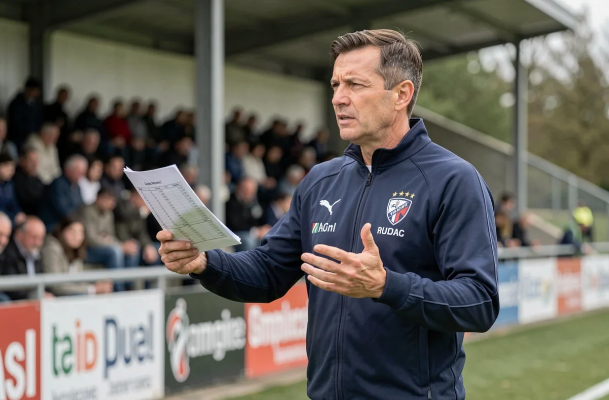 Entraîneur de football consultant le calendrier de la Fédérale 2 en bord de terrain lors d'un match de poule