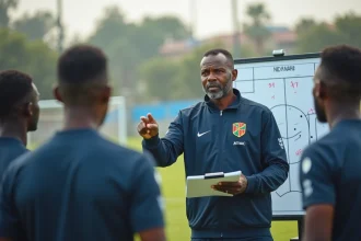 Entraîneur de l'équipe nationale de football de la RD Congo donnant des consignes tactiques lors d'un entraînement sur le terrain