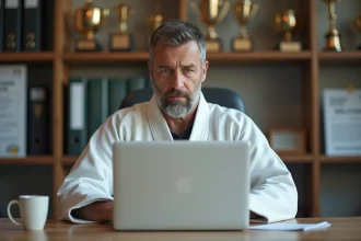 Entraîneur de judo consultant un extranet fédéral sur son ordinateur portable dans un bureau de club sportif