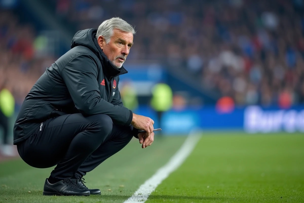 Entraîneur de l'OM scrutant le jeu depuis le bord du terrain, clipboard en main, lors d'un match préparatoire à l'approche des chocs de 2026