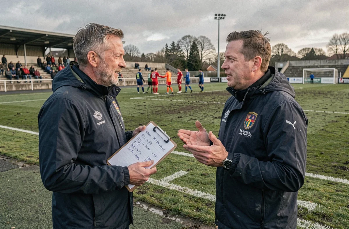 Deux entraîneurs du district Aisne discutant des résultats de match en bord de terrain après la rencontre