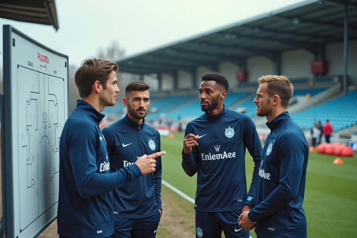 Joueurs de l'OM analysant une tactique sur tableau blanc lors d'une séance de préparation collective avant les grands matchs de 2026