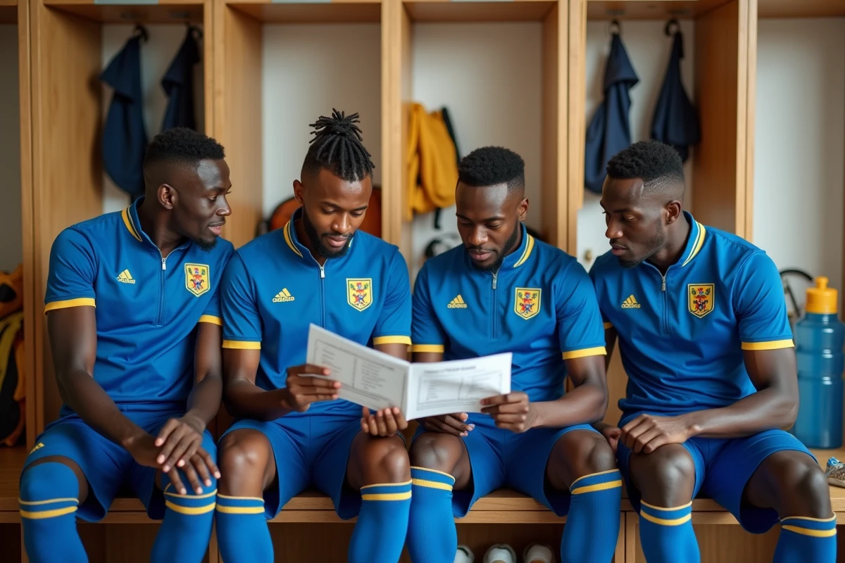 Joueurs de l'équipe nationale de football de la RD Congo discutant en vestiaire autour d'un programme de préparation pour la CAN 2026