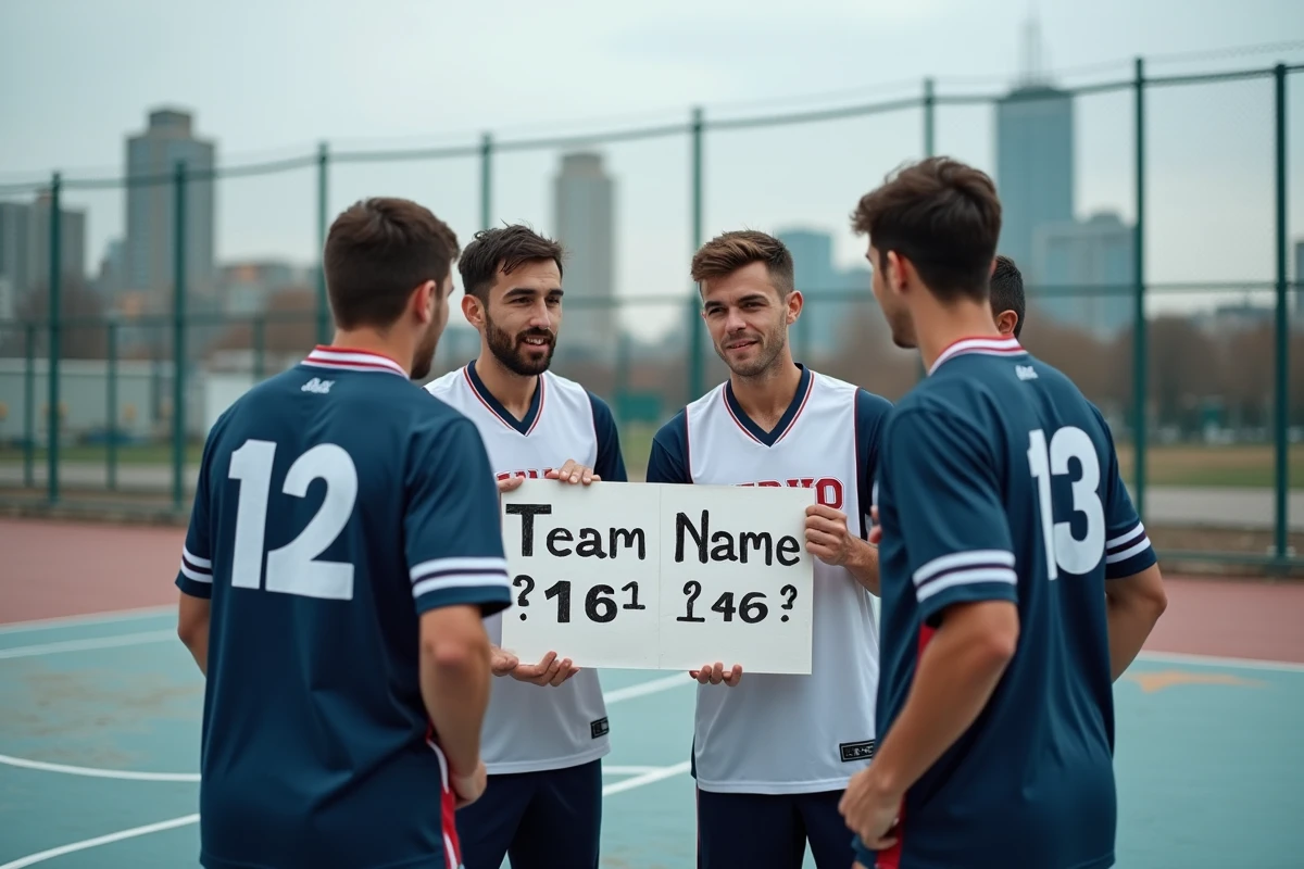 Équipe de sport urbaine tenant une banderole avec des propositions de noms en anglais et en français sur un terrain de basketball