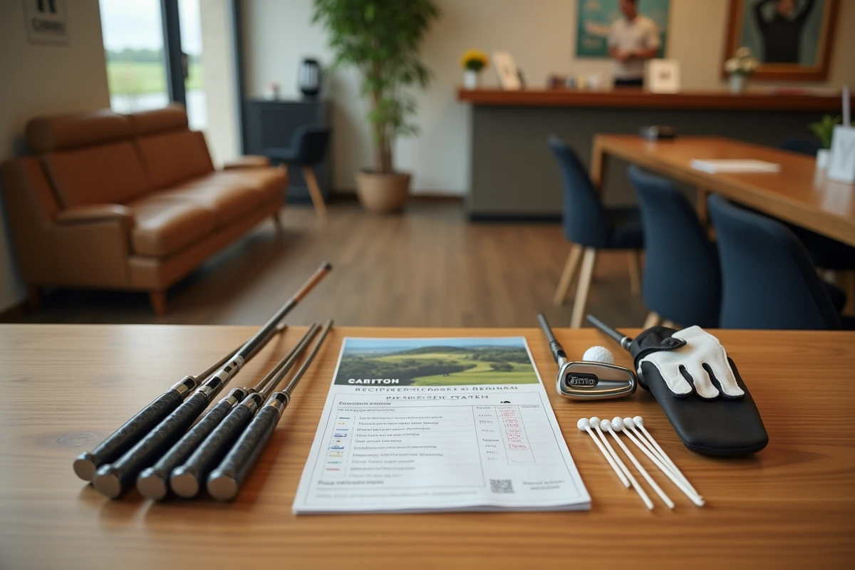 Équipement de golf pour débutant posé sur une table dans un club de golf près de Paris