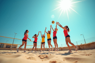 Groupe de joueurs de volleyball en plein effort en extérieur