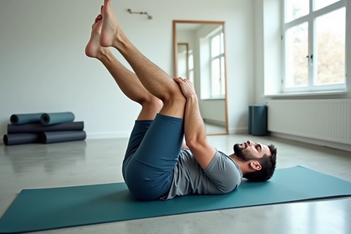 Homme réalisant l'exercice du cent en Pilates sur tapis turquoise dans un studio de yoga