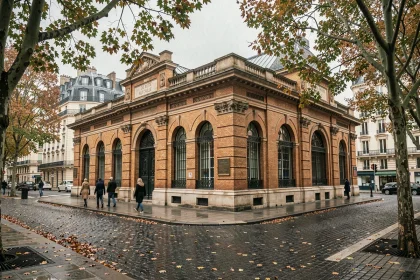 Façade historique en briques de la piscine de la Butte aux Cailles à Paris en automne