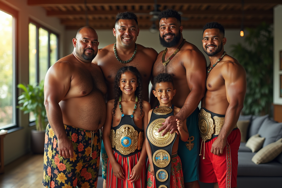 Famille de lutteurs samoans en portrait familial chaleureux