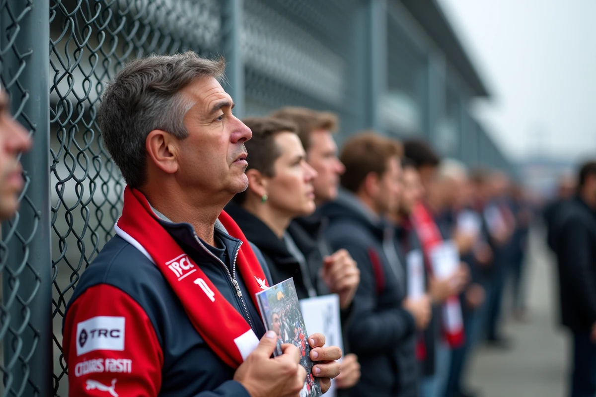 Supporters de Formule 1 déposant des hommages écrits et des drapeaux contre les grillages d'un circuit en signe de deuil collectif