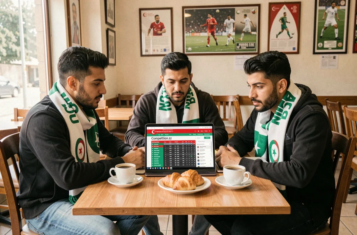 Fans du MCA consultant les classements algériens sur le site Competition.dz dans un café