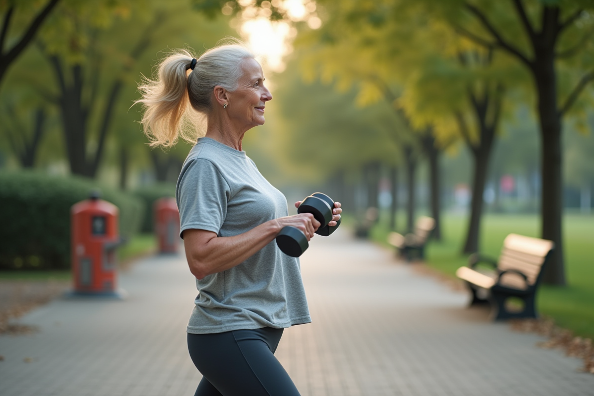 Femme de 70 ans faisant de la musculation avec haltères en plein air
