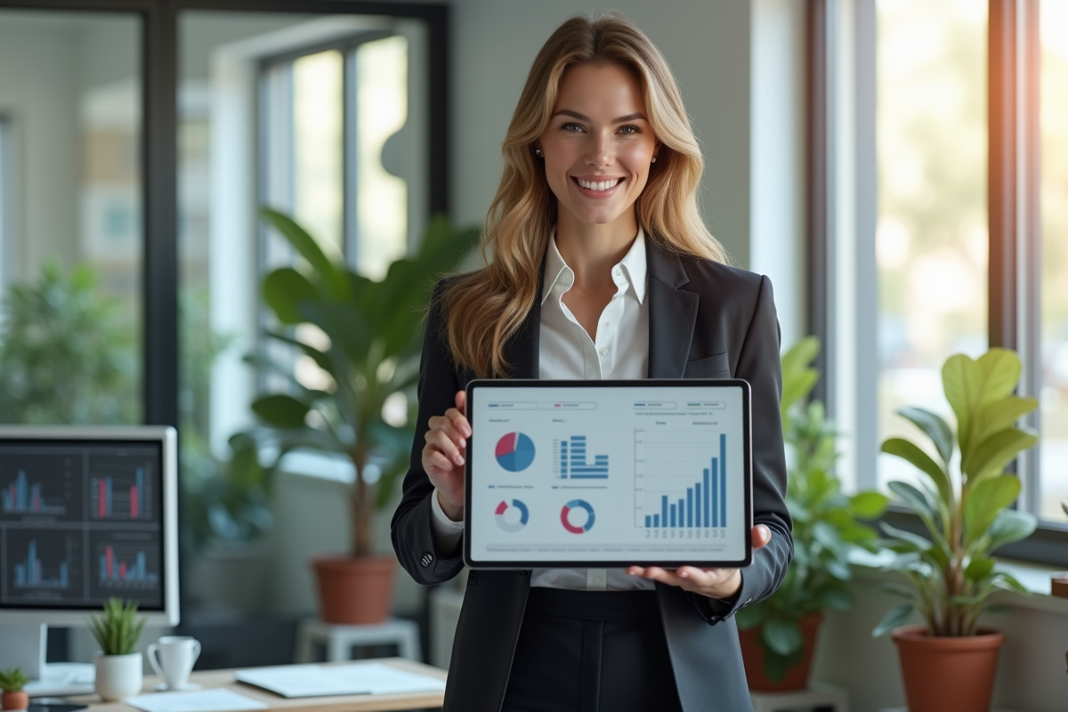 Femme d'affaires présentant des graphiques sur une tablette dans un bureau lumineux