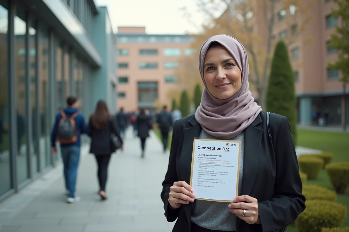 Femme algérienne avec hijab tenant un planning extérieur