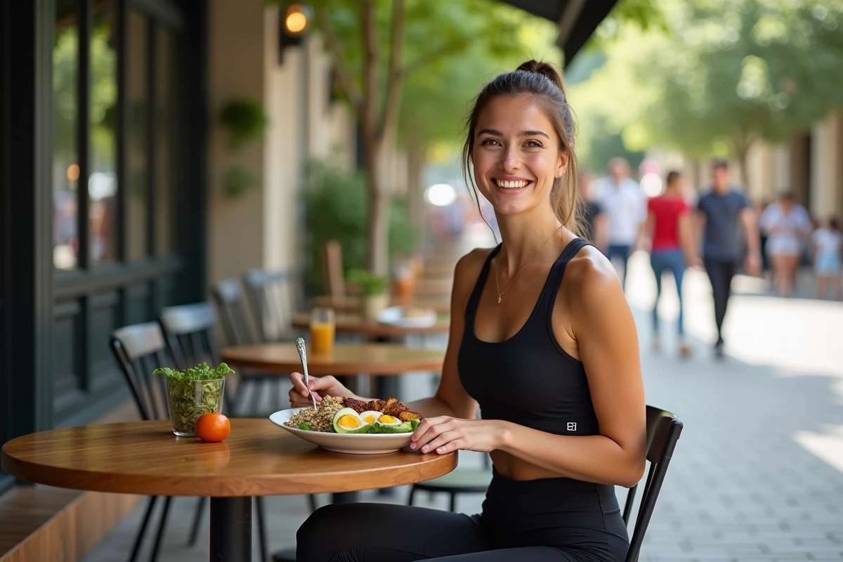 Femme souriante dégustant un bol de protéines en extérieur