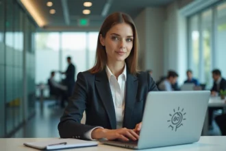 Femme professionnelle concentrée sur son ordinateur au bureau
