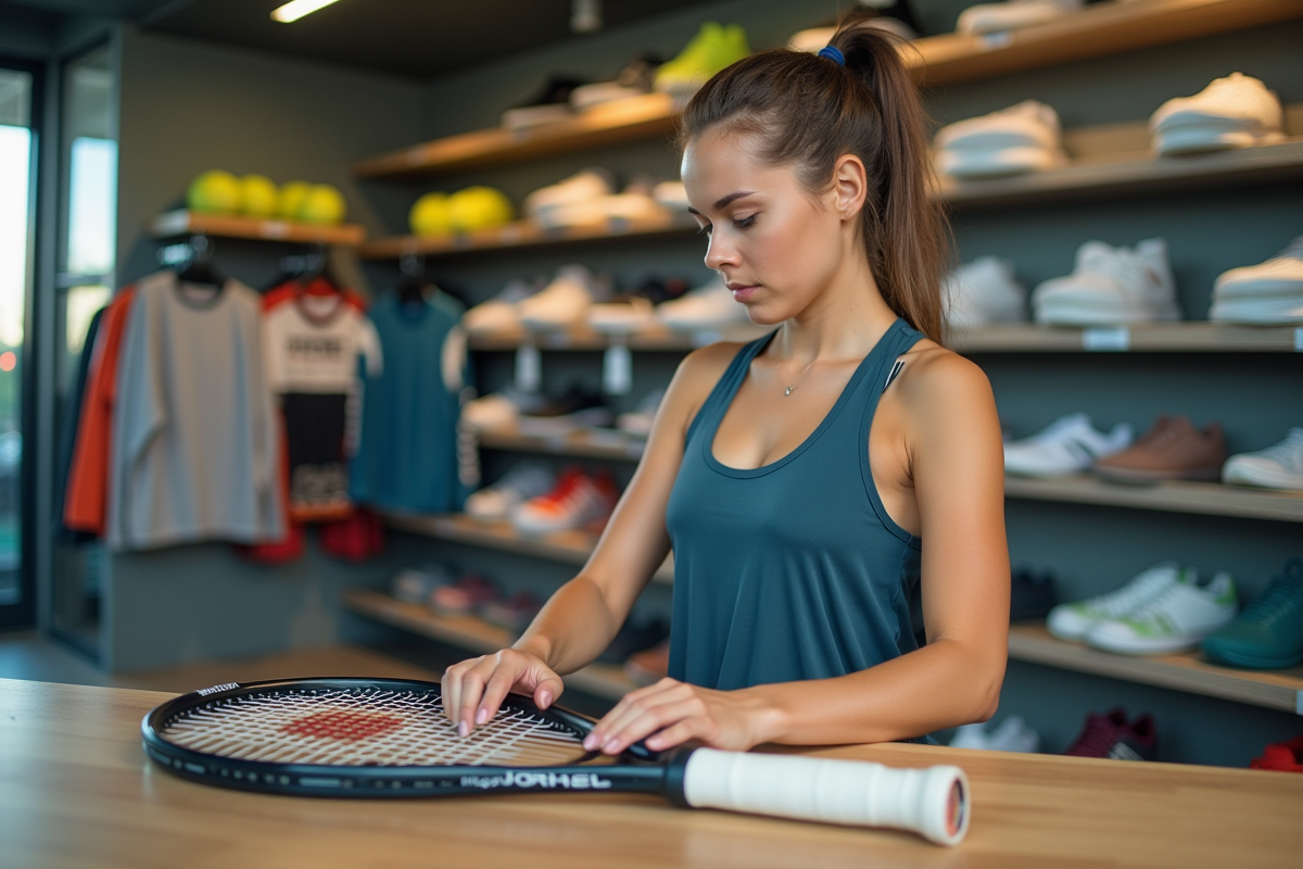 Jeune femme compare deux raquettes de tennis en magasin