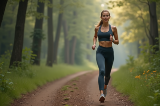Femme en course dans la forêt au matin