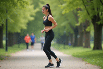 Jeune femme en tenue de sport dans un parc urbain