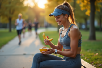 Jeune femme sportive mangeant une banane en plein air