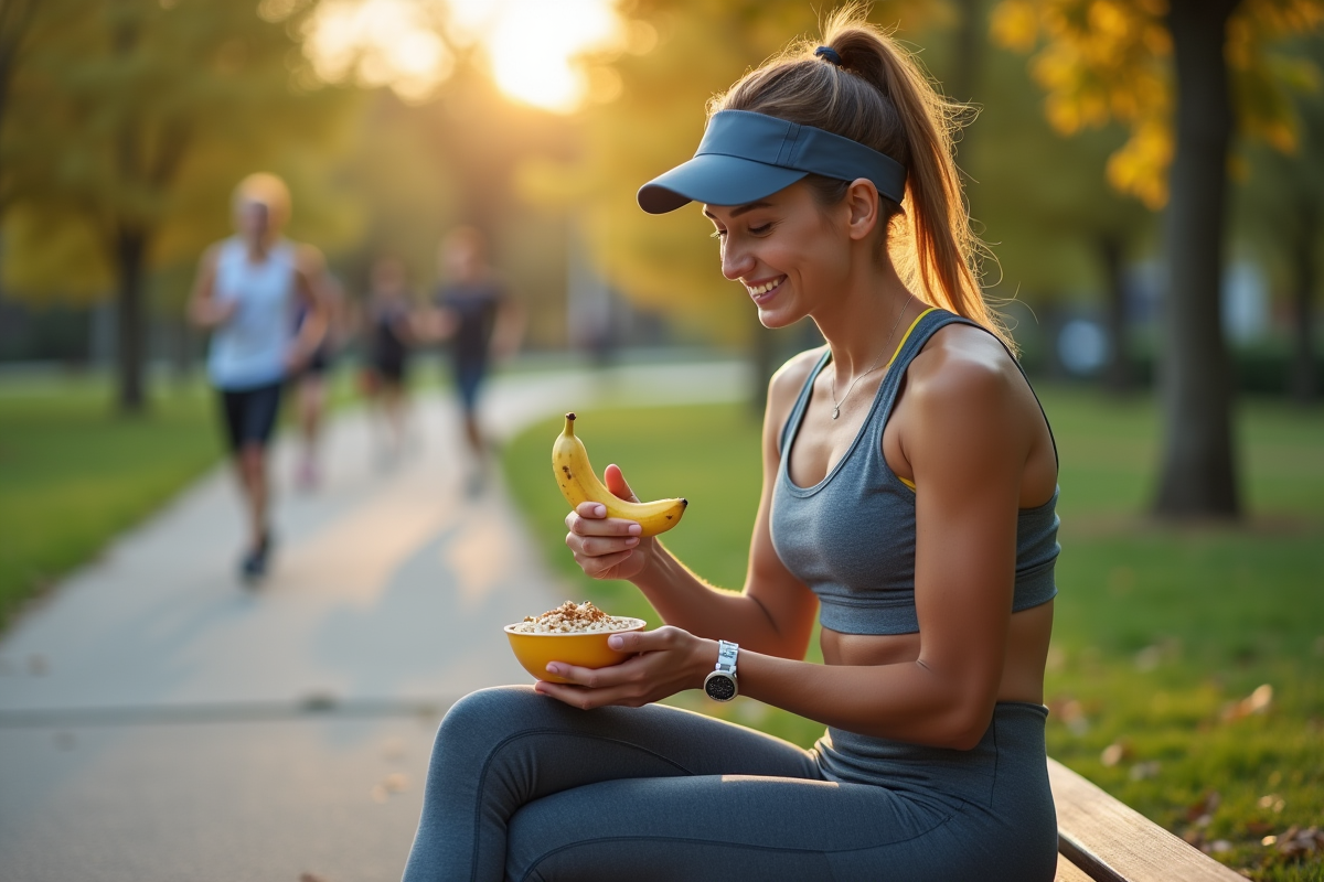 Jeune femme sportive mangeant une banane en plein air