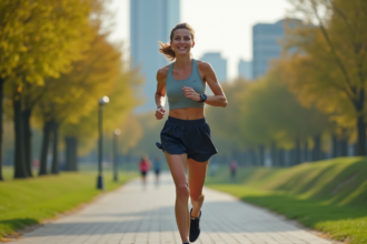Femme souriante en course dans un parc urbain dynamique