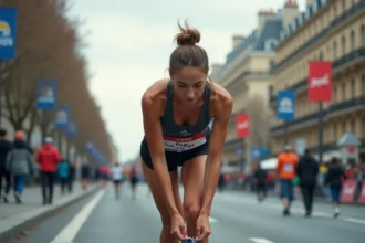 Jeune femme courant à Paris avec dossard marathon