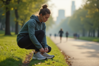 Femme en tenue de course attachant ses lacets dans un parc urbain