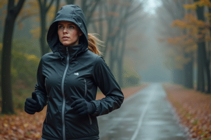 Femme courant dans un parc pluvieux en ville