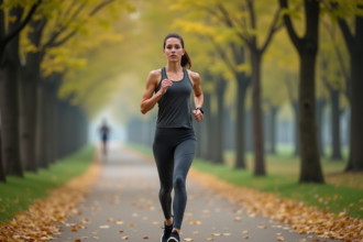 Jeune femme sportive courant dans un parc urbain