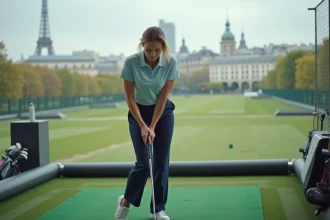Femme débutante apprenant le golf sur un practice urbain à 30 minutes de Paris