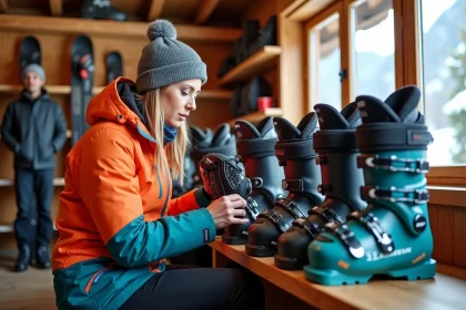 Femme en ski moderne examine des bottes de ski femmes