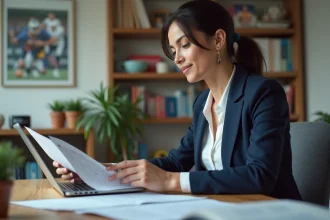 Femme discrète et professionnelle travaillant sur un projet de site football depuis un bureau à domicile