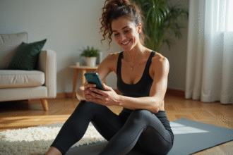 Femme en tenue de sport moderne après un entraînement à la maison