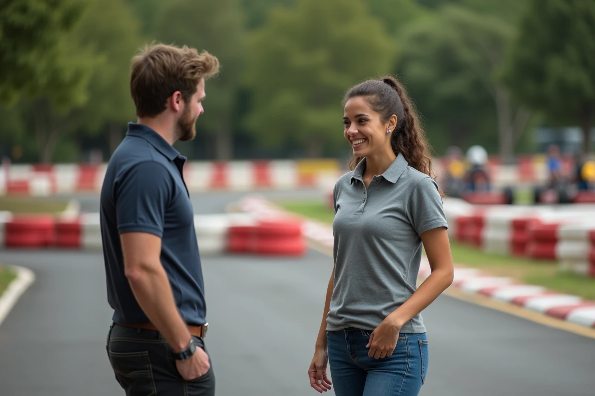 Femme expliquant la sécurité karting à une participante dehors