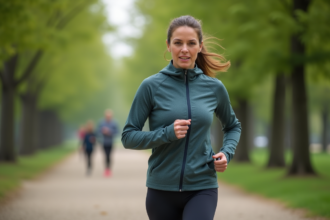 Femme d'âge moyen marche dans un parc en comptant ses pas