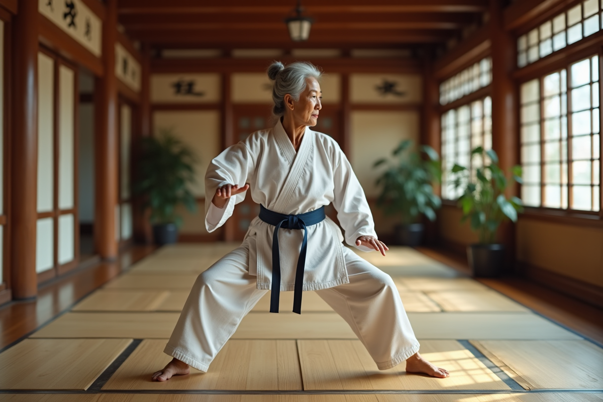 Femme asiatique agee en kimono martial arts en dojo calme