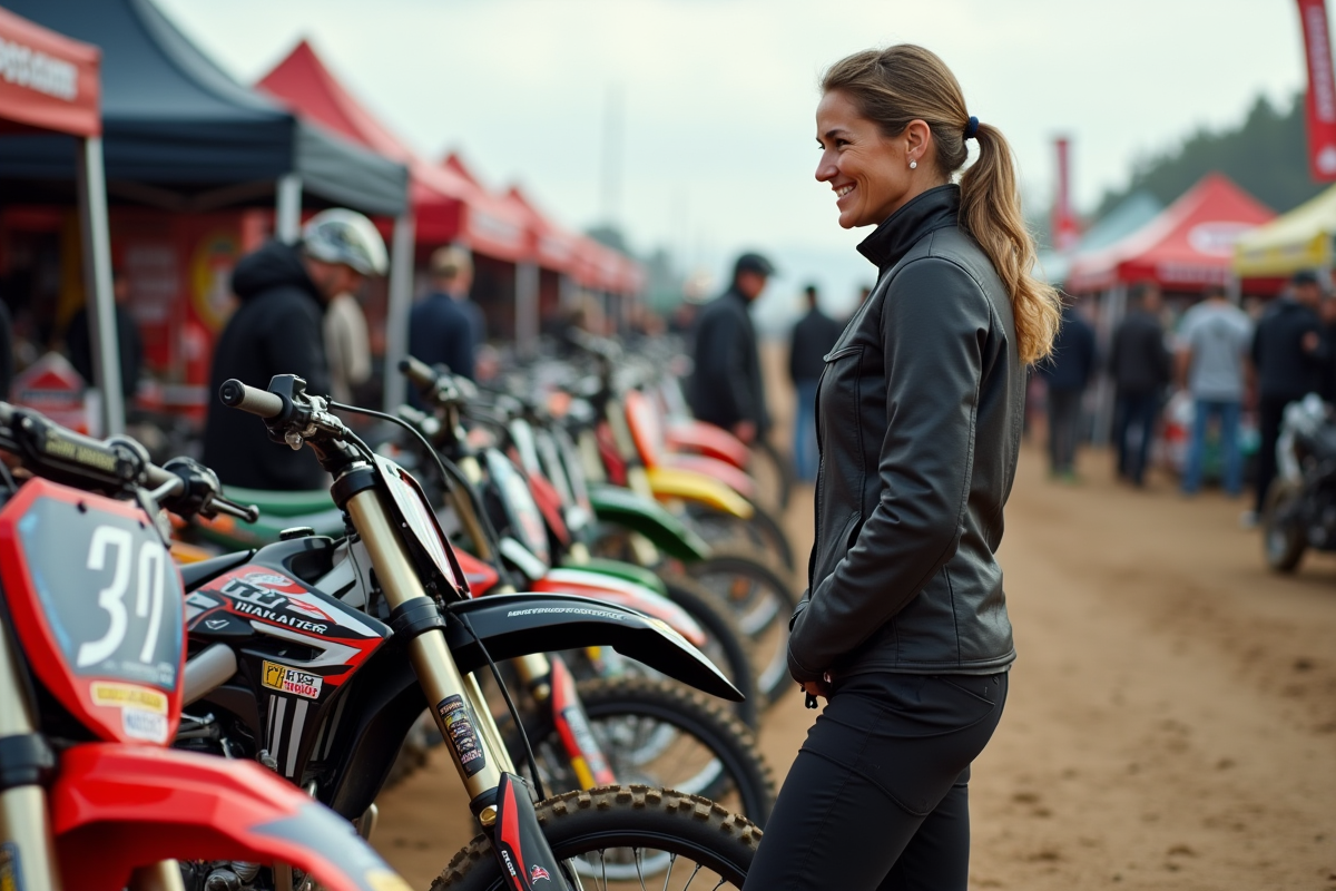 Femme en motocross discutant avec un autre rider au marché