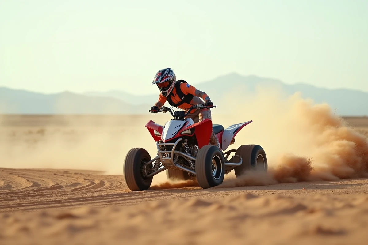 Femme en pleine action sur quad dans un trail sable