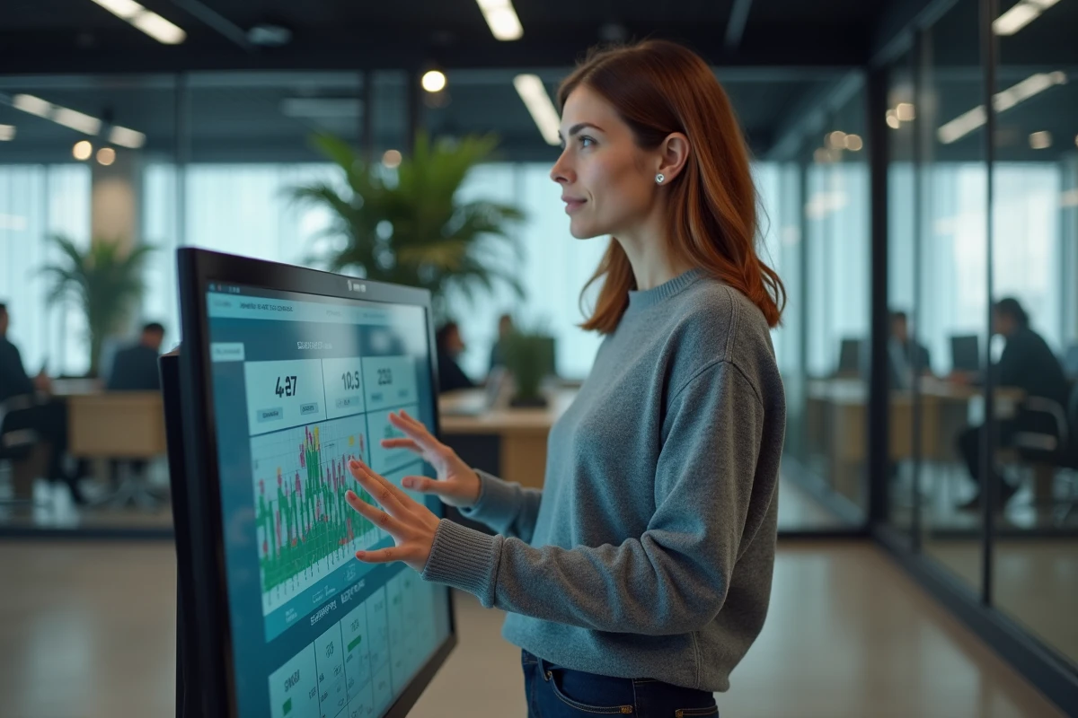 Femme impliquée dans la gestion éditoriale d'un site football dans une salle de rédaction moderne