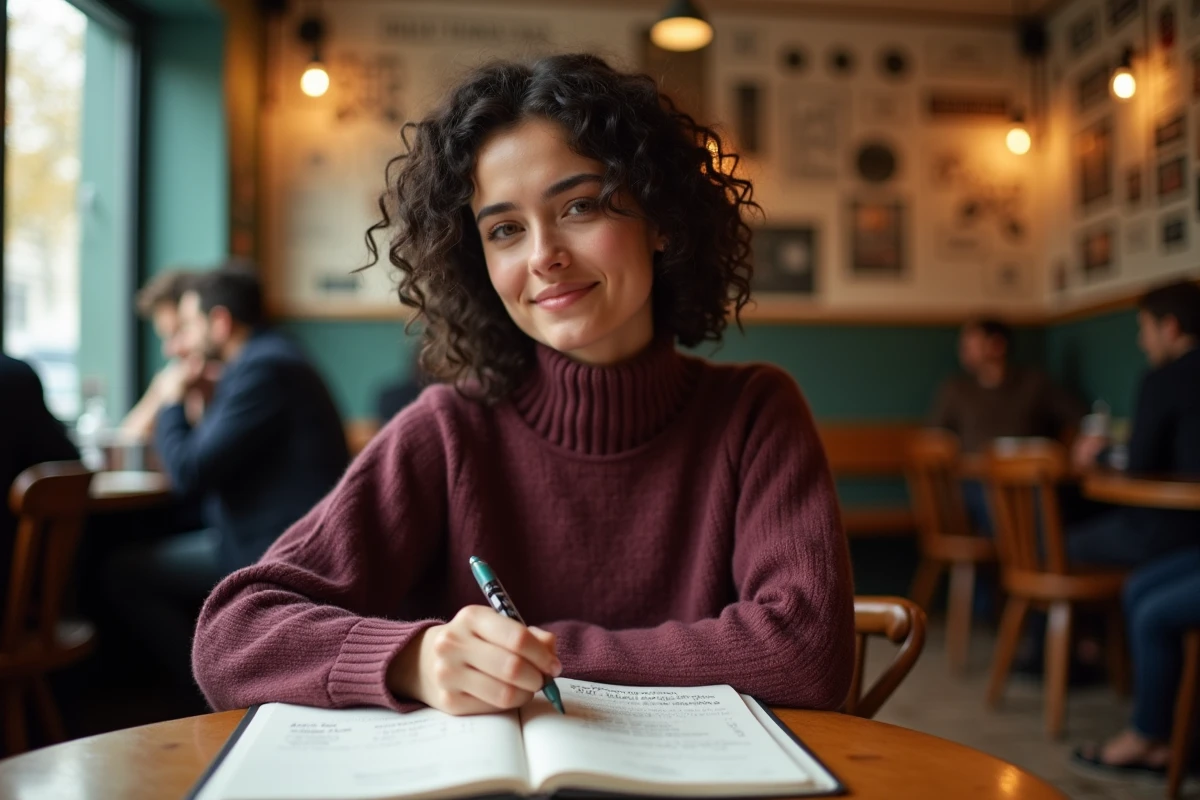 Femme réfléchissant au choix d'un nom d'équipe en anglais ou en français dans un café parisien avec un carnet de notes