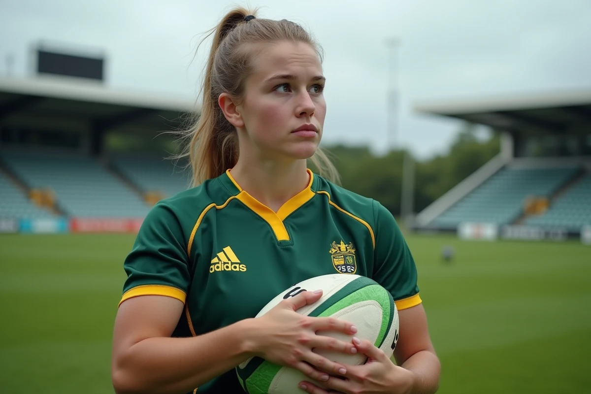 Jeune femme rugby tenant le ballon en position de jeu