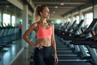Femme en tenue de sport devant les tapis de course d'une salle Basic-Fit, testant les machines lors d'un abonnement sans engagement